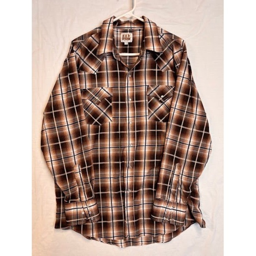 Ely Cattleman Mens XL Brown Plaid Western Pearl Snap Long Sleeve Shirt